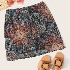 Celestial Sun & Moon Patterned Mesh Lettuce Hem A-Line Mini Skirt Size Small